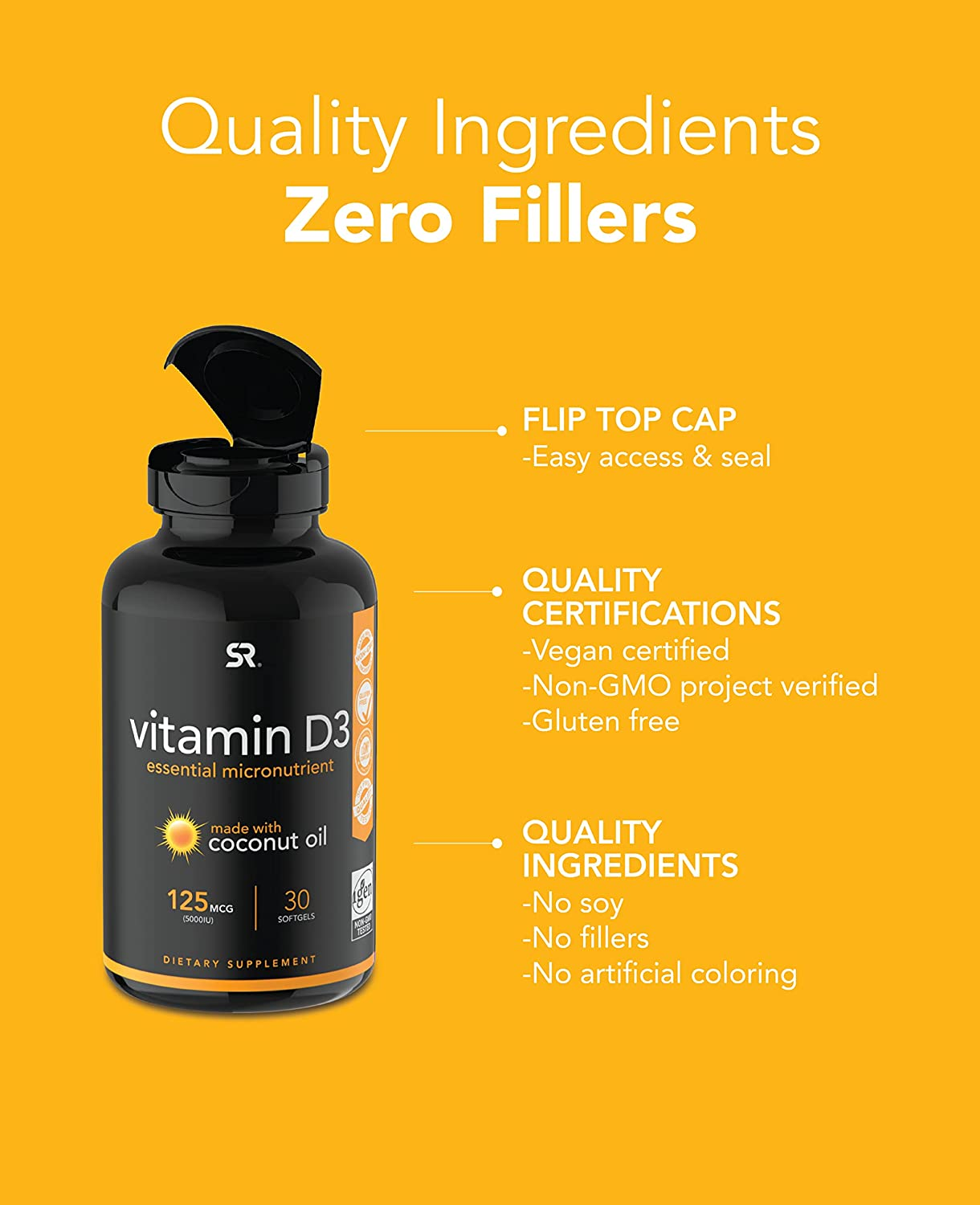 Vitamin D3 (5000Iu/125Mcg) Infused with Coconut Oil ~ Non-Gmo & Gluten Free (30 Softgels)