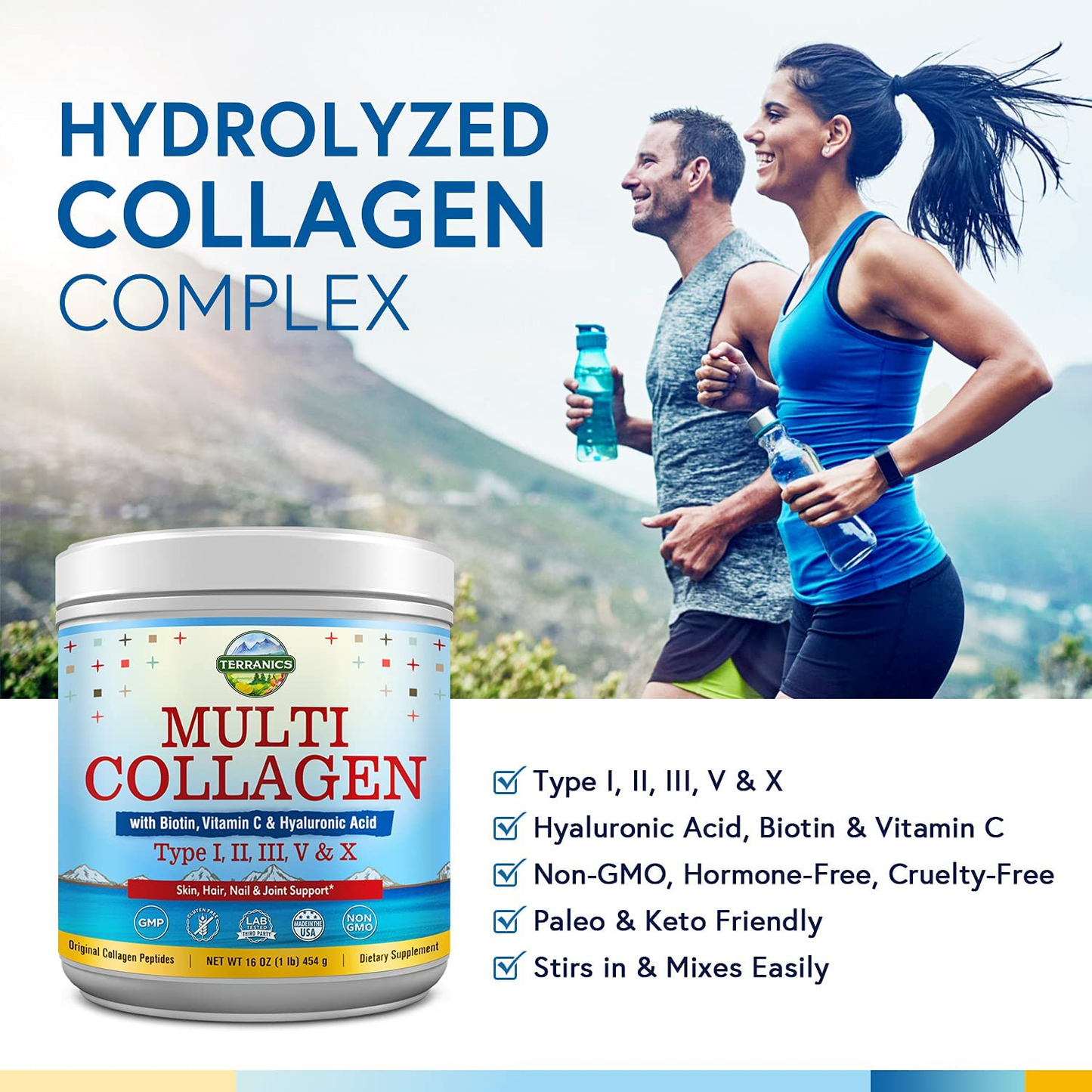 Multi Collagen Powder Type I II III V X with Biotin Vitamin C Hyaluronic Acid, Paleo & Keto Friendly, Skin Hair Nail & Joint Support, Bovine Marine Chicken & Eggshell, Original, No Gluten, Non-Gmo