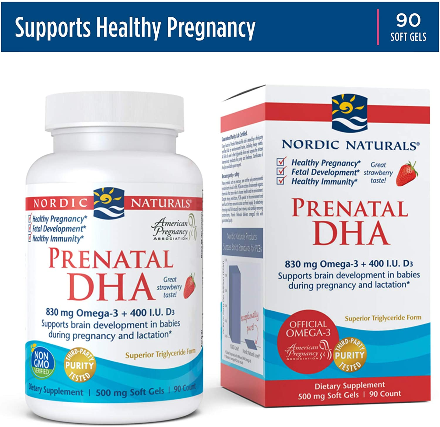 Prenatal DHA, Strawberry - 830 Mg Omega-3 + 400 IU Vitamin D3-90 Soft Gels - Supports Brain Development in Babies during Pregnancy & Lactation - Non-Gmo - 45 Servings