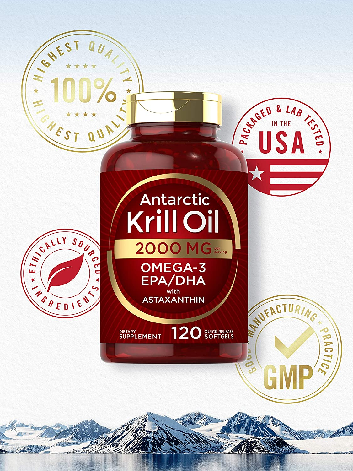 Antarctic Krill Oil 2000 Mg 120 Softgels | Omega-3 EPA, DHA, with Astaxanthin Supplement Sourced from Red Krill | Maximum Strength | Laboratory Tested