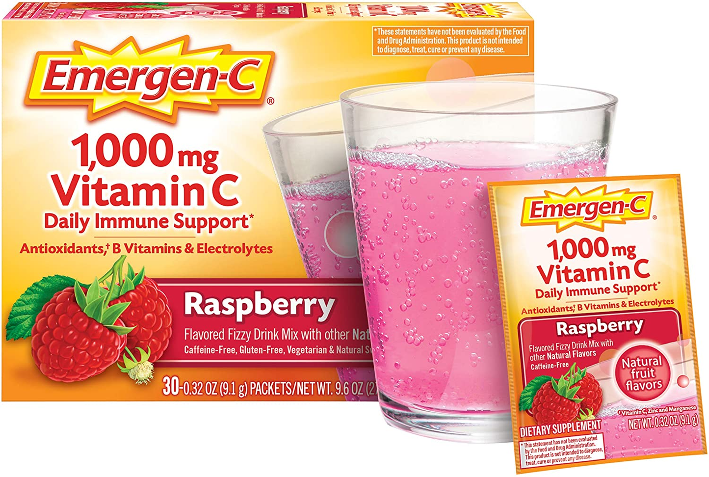 1000Mg Vitamin C Powder, with Antioxidants, B Vitamins and Electrolytes, Immunity Supplements for Immune Support, Caffeine Free Fizzy Drink Mix, Raspberry Flavor - 30 Count/1 Month Supply