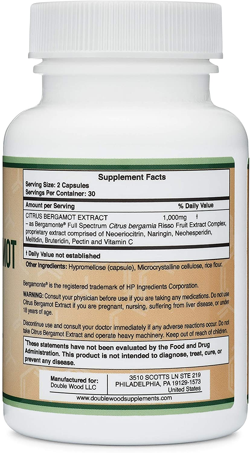 Citrus Bergamot Capsules 1,000Mg Servings (Patented Bergamonte Vegan Cholesterol Support Extract) Citrus Fruit Bioflavonoids Sourced from Italy and Manufactured in USA (60 Capsules) by Double Wood