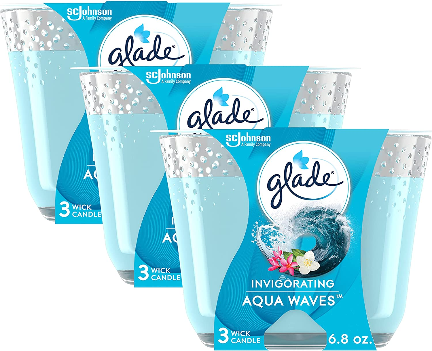 Glade Candle Aqua Waves, Fragrance Candle Infused with Essential Oils, Air Freshener Candle, 3-Wick Candle, 6.8 Oz, 3 Count