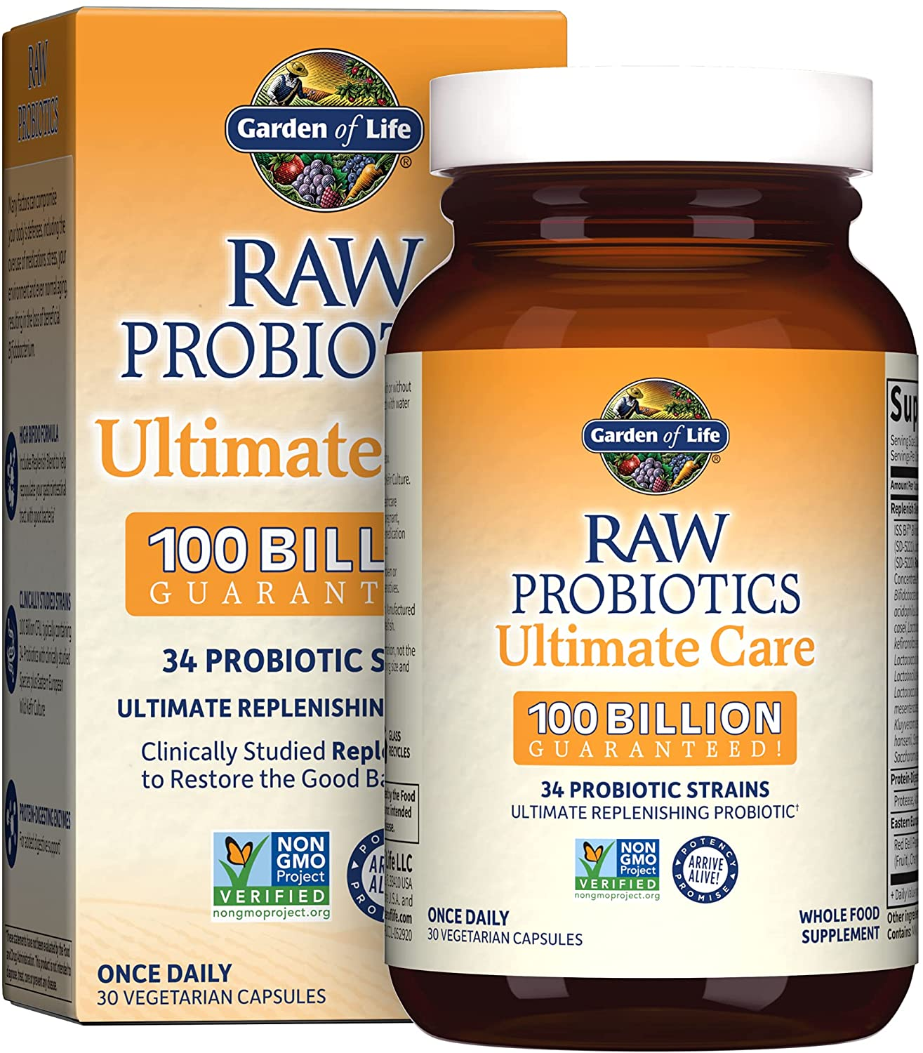 Probiotics for Women and Men -  Raw Probiotics Ultimate Care 100 Billion CFU Probiotic Supplement, Daily Probiotic for Adults with Digestive Enzymes, 30 Capsules