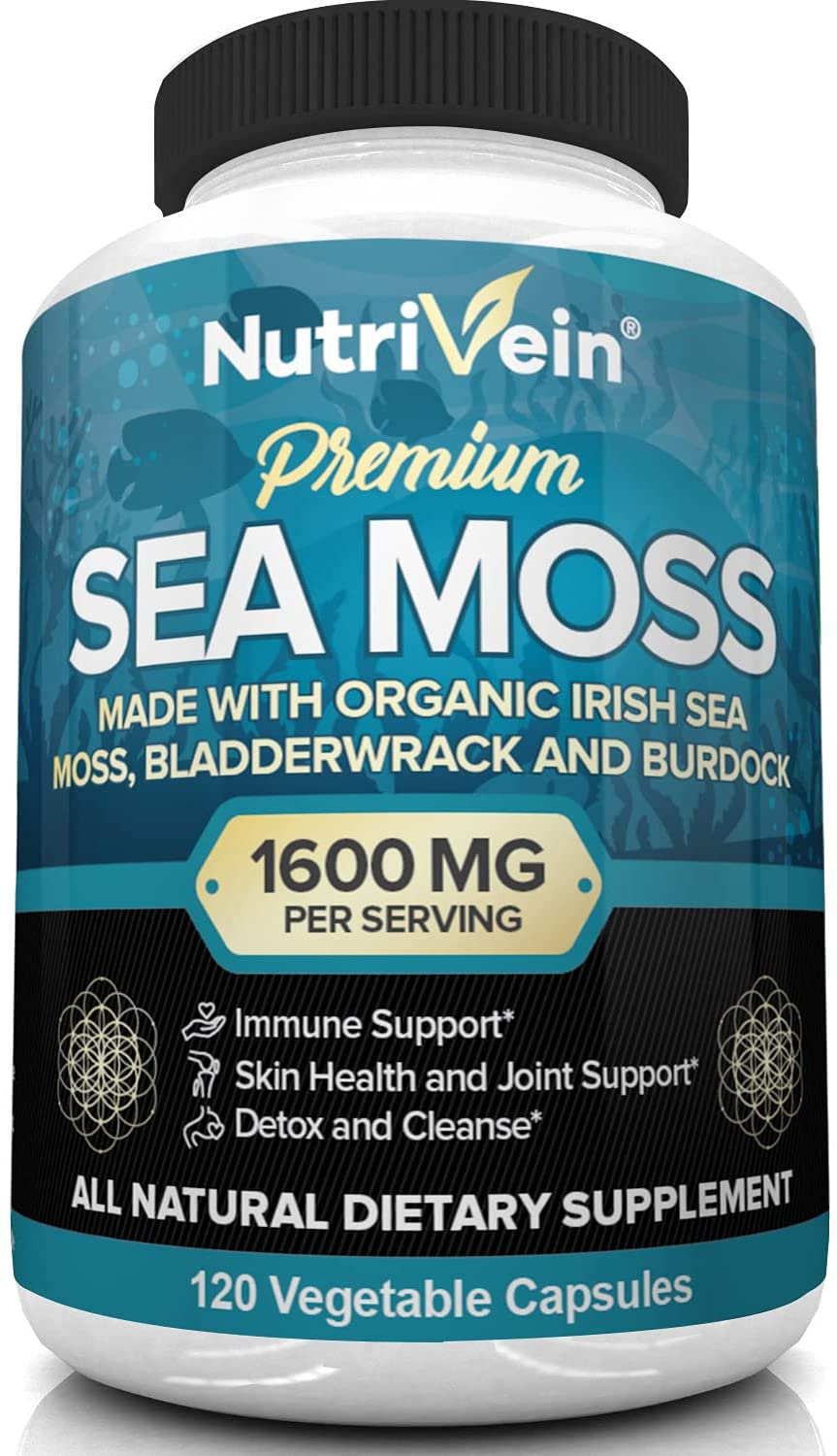 Organic Sea Moss 1600Mg plus Bladderwrack & Burdock - 120 Capsules - Prebiotic Super Food Boosts the Immune System & Digestive Health - Thyroid, Healthy Skin, Keto Detox, Gut, Joint Support