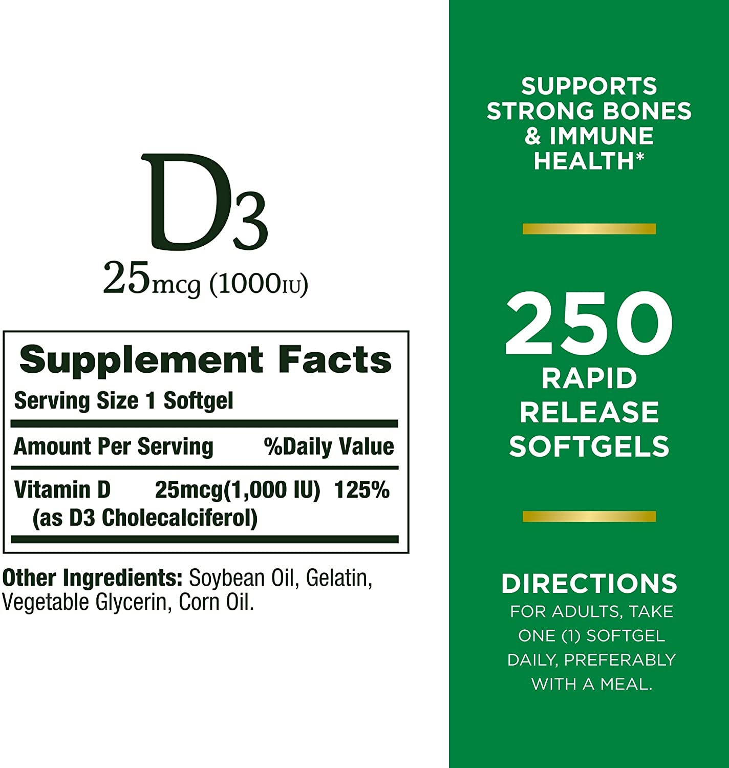 Nature’S Bounty Vitamin D3 1000 IU, Immune Support, Helps Maintain Healthy Bones, 250 Rapid Release Softgels