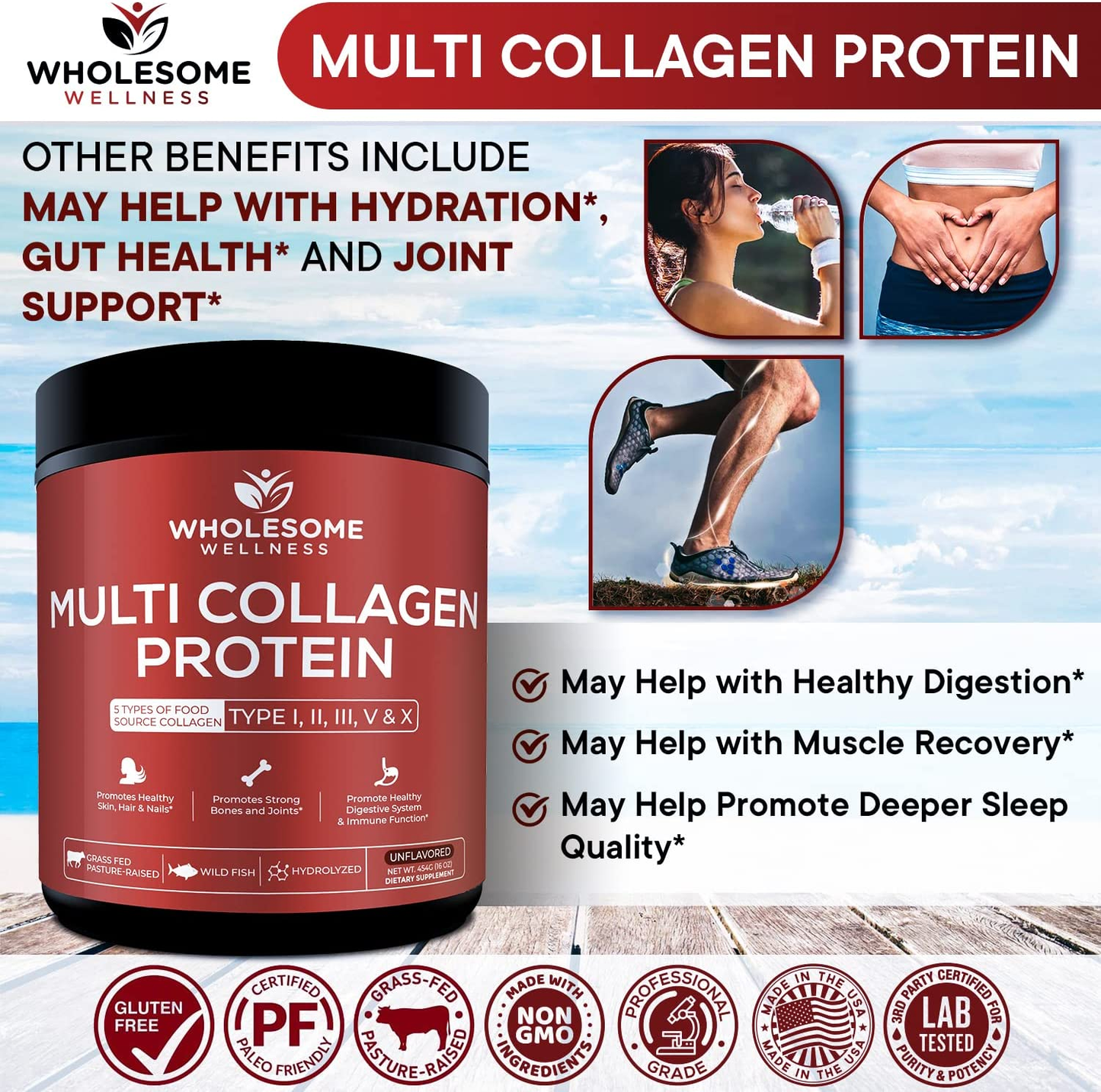 Multi Collagen Protein Powder Hydrolyzed (Type I II III V X) Grass-Fed All-In-One Super Bone Broth + Collagen Peptides - Premium Blend of Grass-Fed Beef, Chicken, Wild Fish, Eggshell Collagen