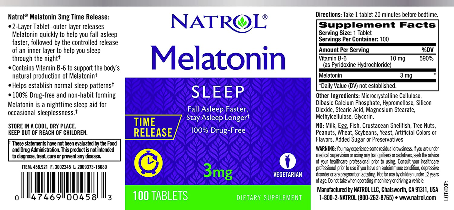 Melatonin Time Release Tablets, 3Mg, 100 Count