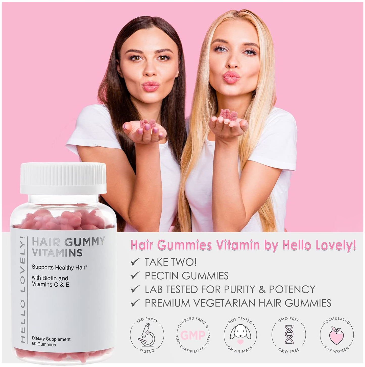 Hello Lovely Hair Vitamins Gummies with Biotin 5000 Mcg Vitamin E & C Support Hair Growth, Premium Vegetarian, Non-Gmo, for Stronger, Beautiful Hair & Nails, Red Berry Supplement - 60 Gummy Bears