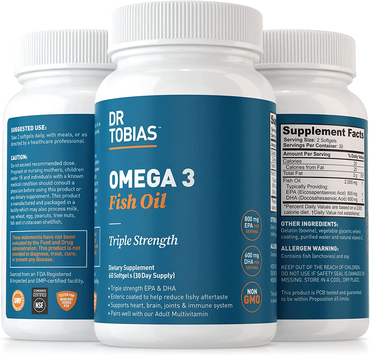 Omega 3 Fish Oil – Triple Strength Dietary Nutritional Supplement – Helps Support Brain & Heart Health, Includes EPA & DHA – 2000 Mg per Serving, 60 Soft Gel Capsules