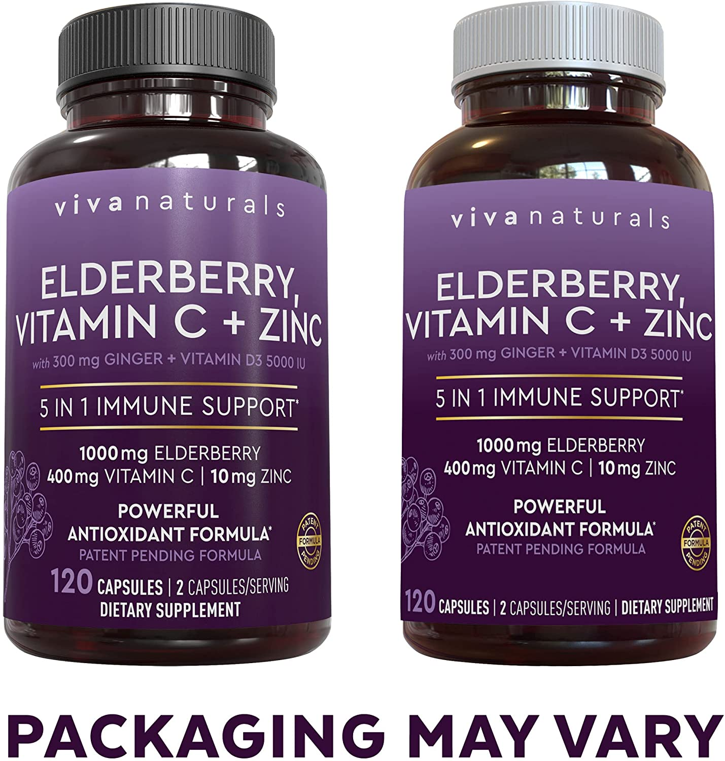 Sambucus Elderberry with Vitamin C, Zinc, Vitamin D3 5000 IU & Ginger (120 Capsules) - Antioxidant & Immune Support Supplement, 2 Month Supply - 5 in 1 Black Elderberry for Adults