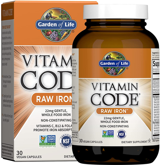 Vitamin Code Raw Iron Supplement - 30 Vegan Capsules, 22Mg Once Daily Iron, Vitamins C, B12, Folate, Fruit, Veggies & Probiotics, Iron Supplements for Women, Energy & Anemia Support