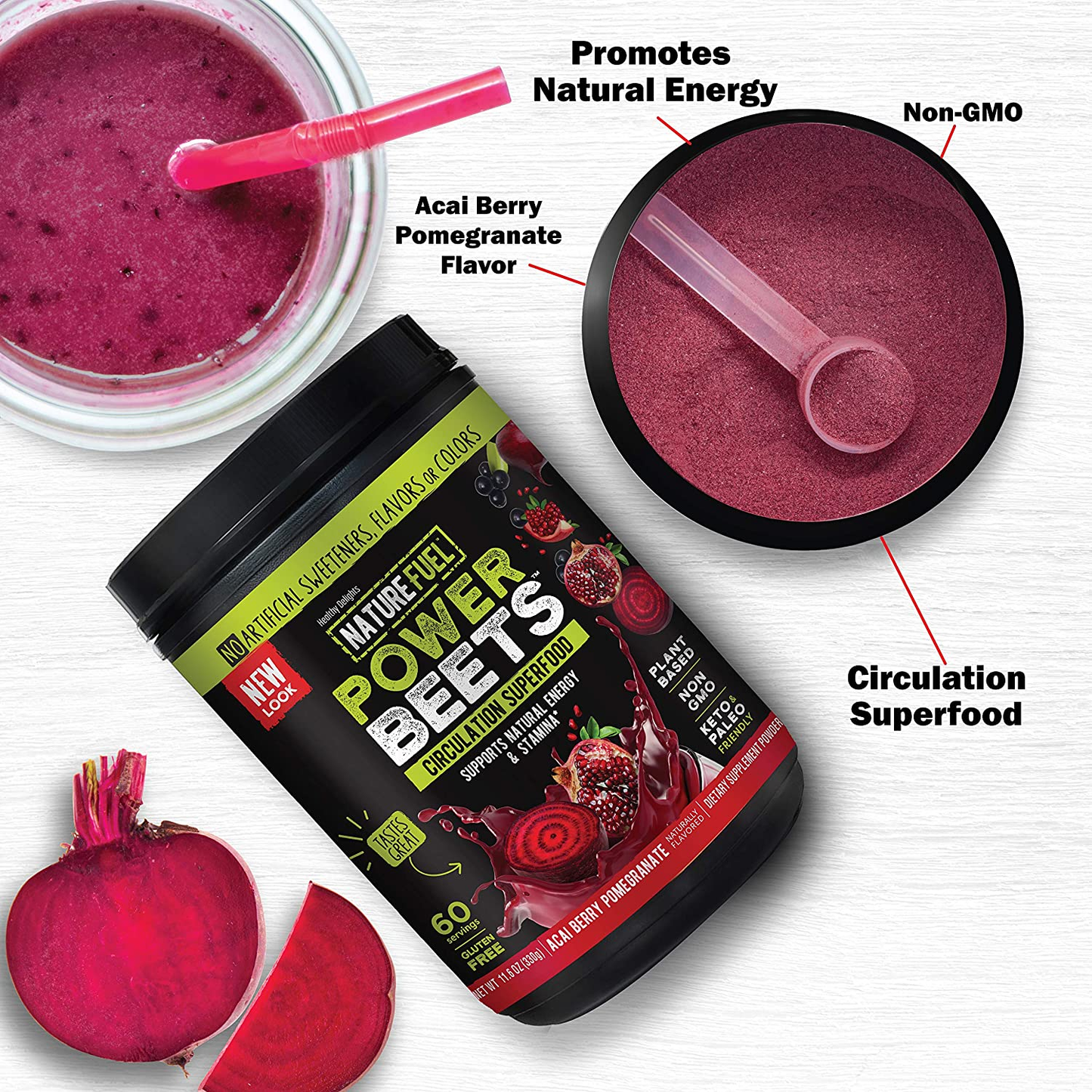 Nature Fuel Power Beets Powder, Delicious Acai Berry Pomegranate, Concentrated Superfood Supplement, Supports Circulation, Natural Energy & Stamina, Non-Gmo, 60 Servings