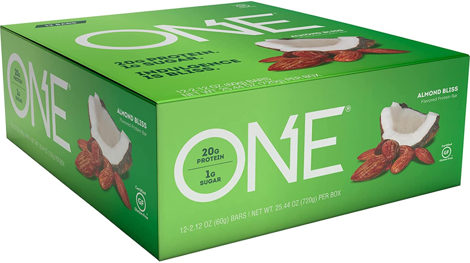 ONE Protein Bars, Almond Bliss, Gluten Free Protein Bars with 20G Protein and Only 1G Sugar, Guilt-Free Snacking for High Protein Diets, 2.12 Oz, 12 Count