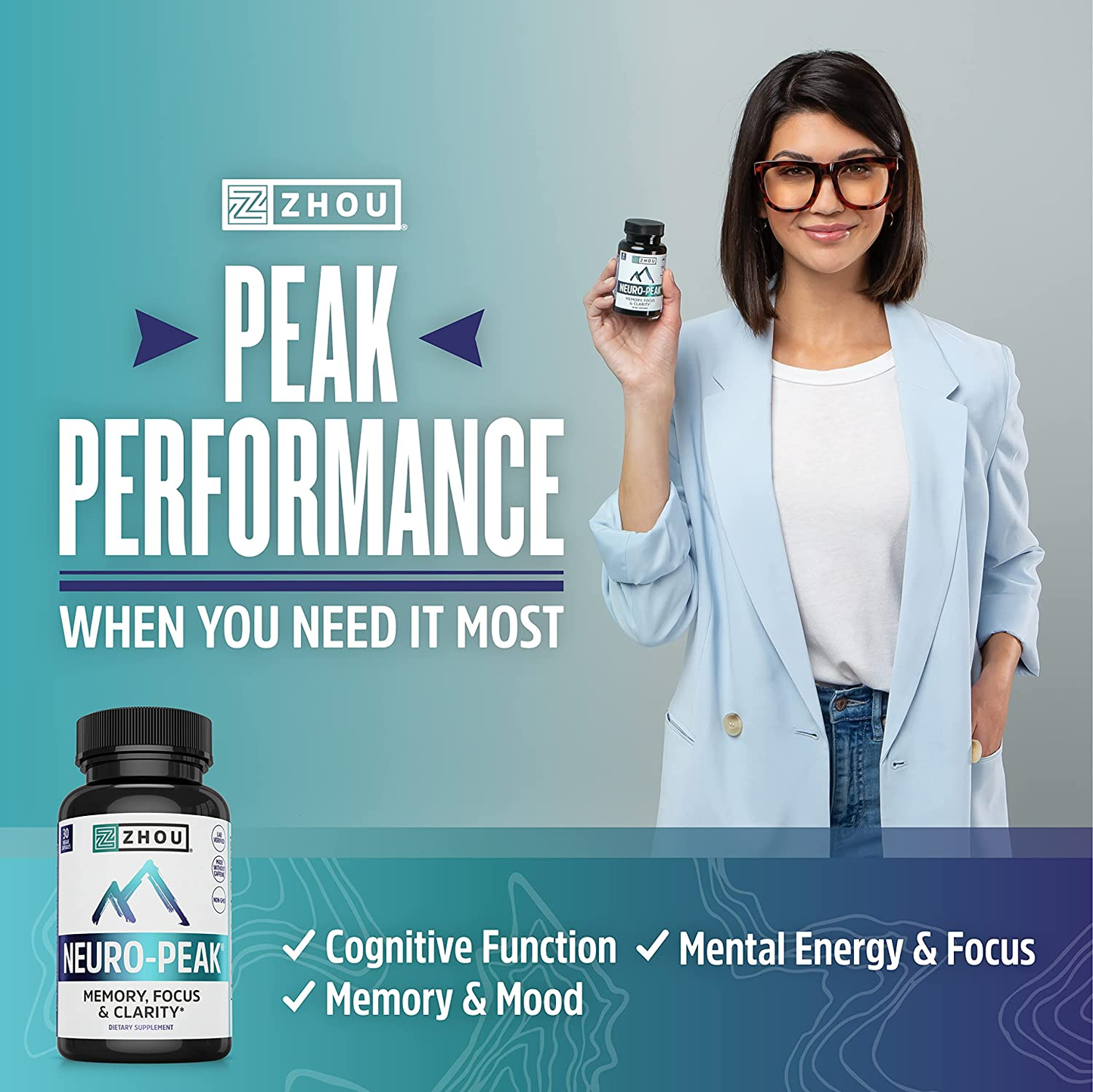 Zhou Neuro Peak Brain Support Supplement | Memory, Focus & Clarity Formula | DMAE, Rhodiola Rosea, Bacopa Monnieri, Ginkgo Biloba & More | 30 Vegcaps