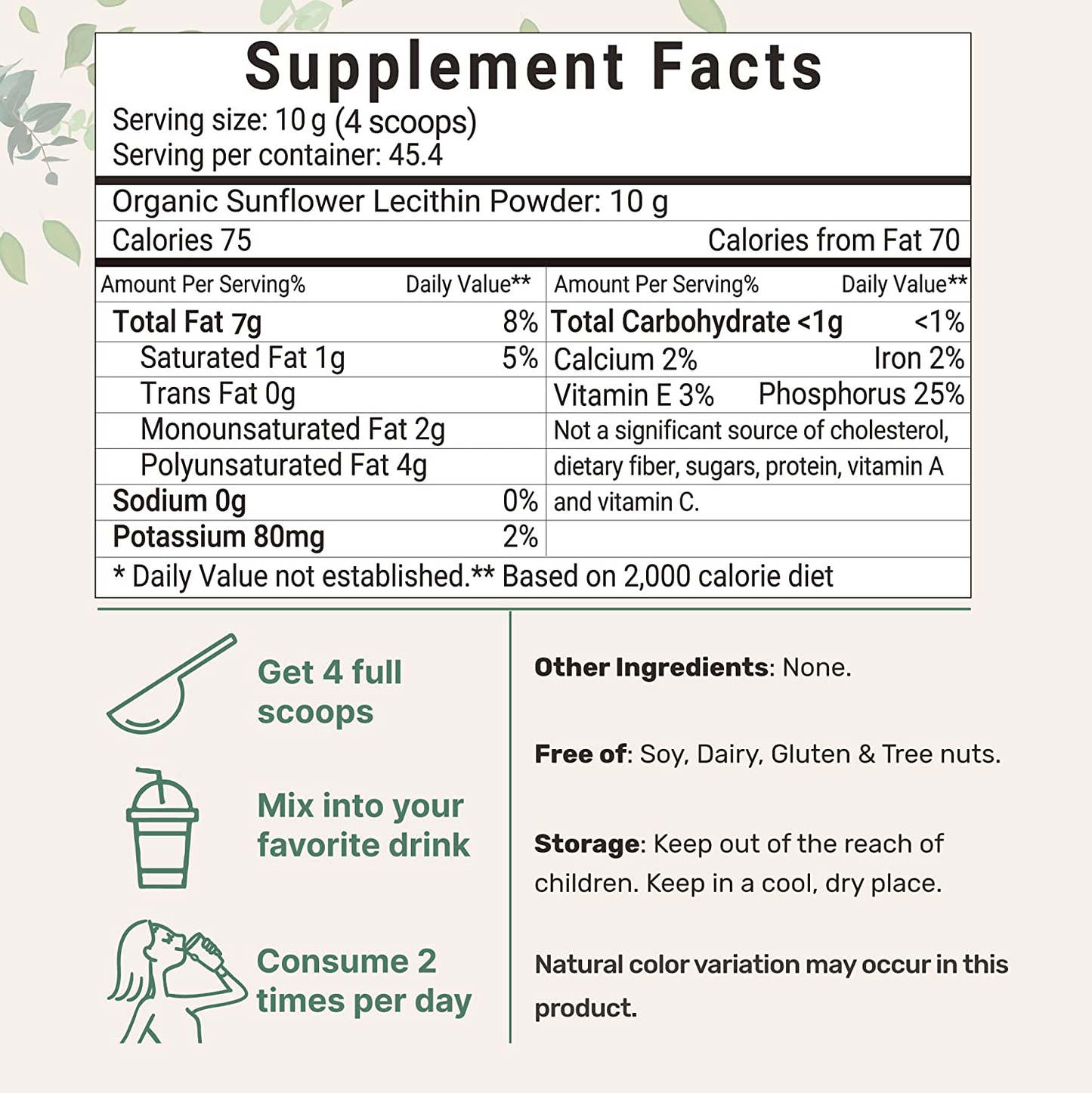 Sustainably US Grown, Organic Sunflower Lecithin Powder, 1 Pound (16 Ounce), Sustainable Farmed, Cold Pressed, Rich in Phosphatidyl Choline and Protein for Immune System Booster, No Soy, No Gmos