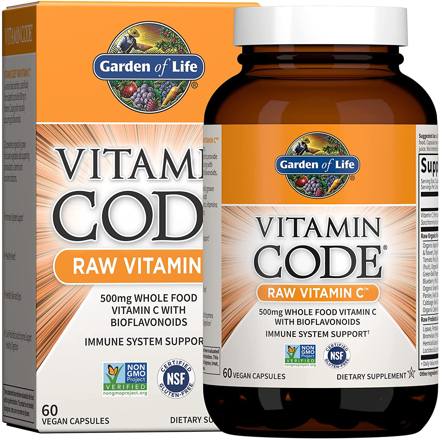 Whole Food Vitamin C Code Raw Capsules, 500Mg, Fruit & Veggie Blend, Probiotics Supplements for Adults, Vegan, Gluten Free, Orange, 60 Count