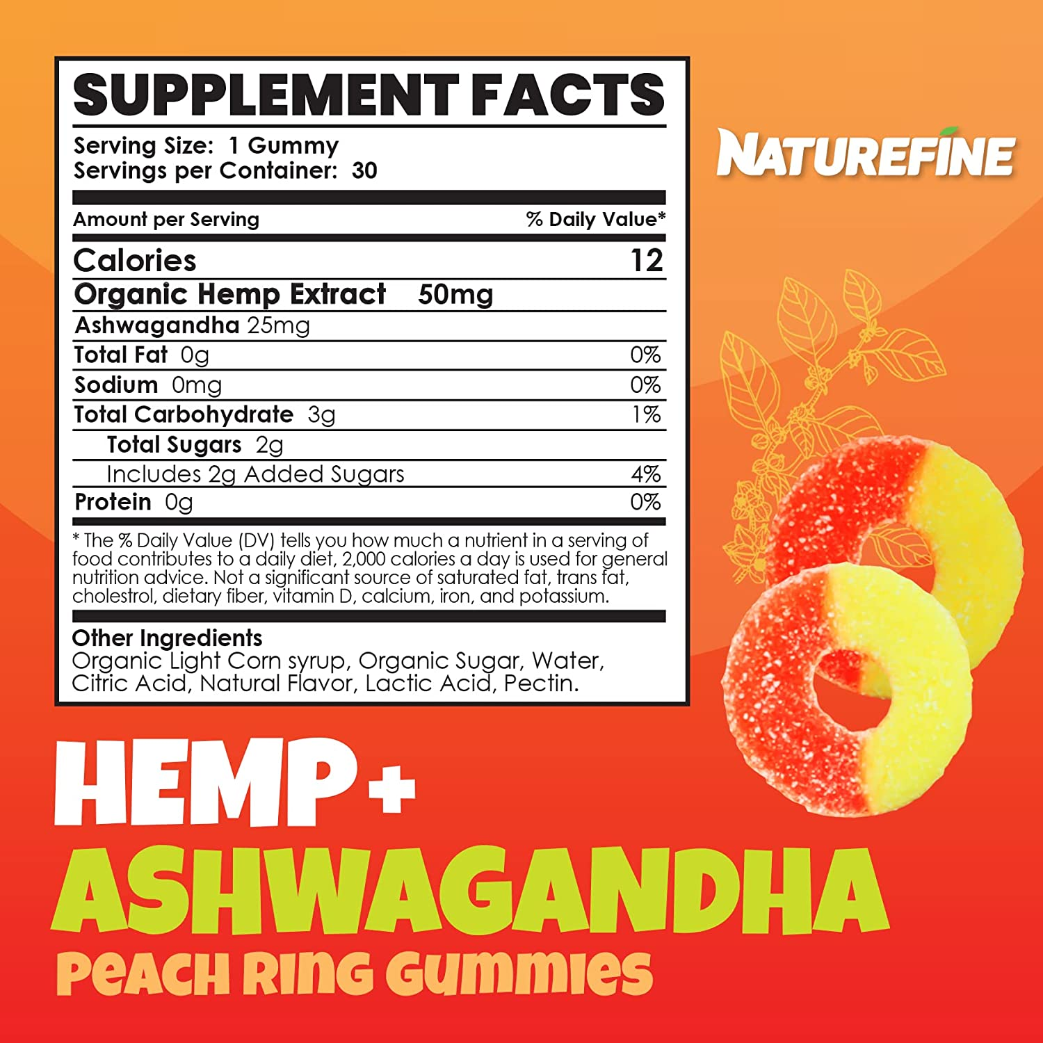 Hemp Gummies Ashwagandha Gummies, 30 X-Large Peach Rings