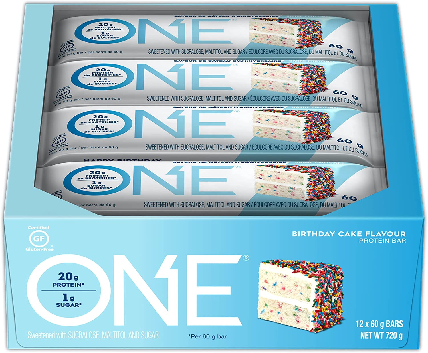 ONE Protein Bars, Birthday Cake, Gluten Free Protein Bars with 20G Protein and Only 1G Sugar, Guilt-Free Snacking for High Protein Diets, 2.12 Oz (12 Pack)