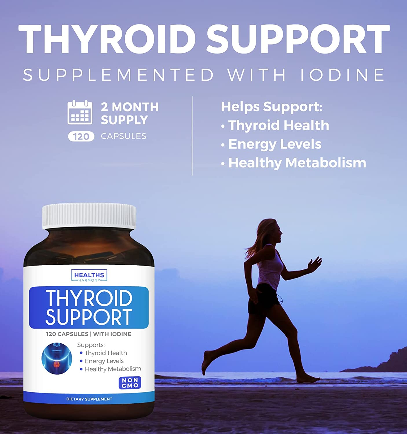 Thyroid Support with Iodine - 120 Capsules (Non-Gmo) Improve Your Energy & Increase Metabolism - Ashwagandha Root, Zinc, Selenium, Vitamin B12 Complex - Thyroid Health Supplement - 60 Day Supply