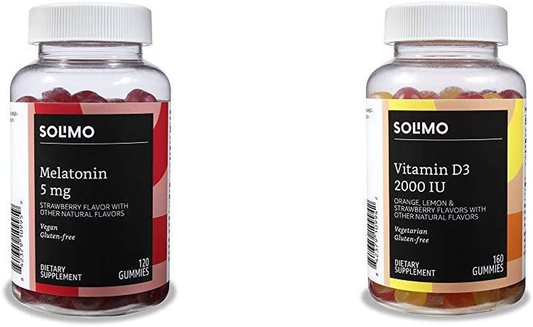 Amazon Brand -  Melatonin 5Mg, 120 Gummies (2 Gummies per Serving) &  Vitamin D3 2000 IU, 160 Gummies (2 Gummies per Serving)