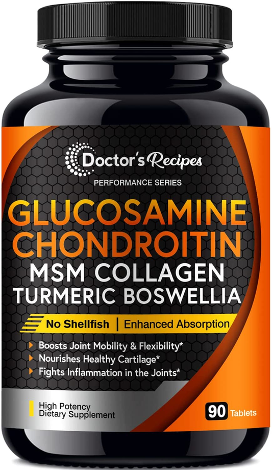 Glucosamine Chondroitin Turmeric MSM Quercetin for Inflammation, Pain, Discomfort, Men & Women, Black Pepper for High Absorption, Complete Joint Support, No Shellfish Soy, 90 Tabs