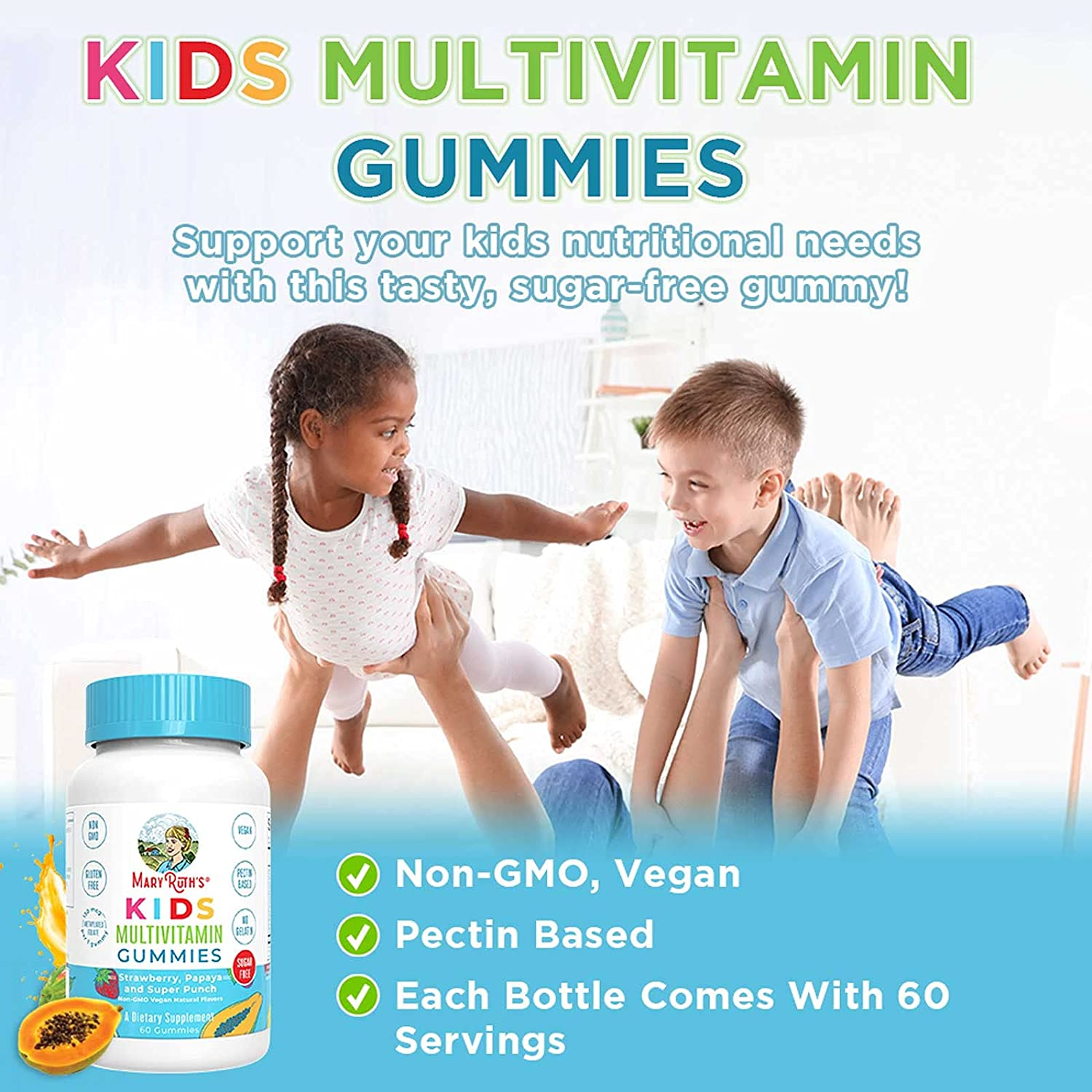 Kids Vitamins by Maryruth'S | Sugar Free | 2 Month Supply | Kids Multivitamin Gummies with Organic Ingredients | Multivitamin for Kids | Vitamins for Kids | Vegan | Non-Gmo | Gluten Free | 60 Count