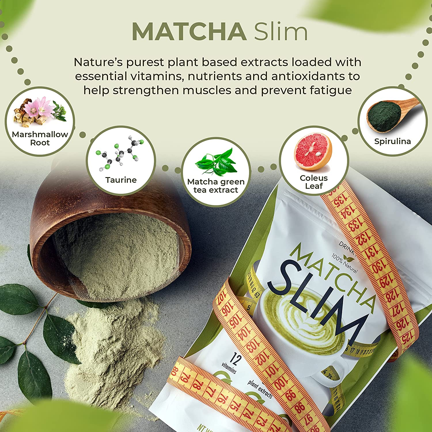 Matcha Slim - Energy Drink Mix Powder Supplement with Taurine & Spirulina 3.53Oz – Natural, Sugar Free, Vitamin Rich Green Tea Diet for Women, Men