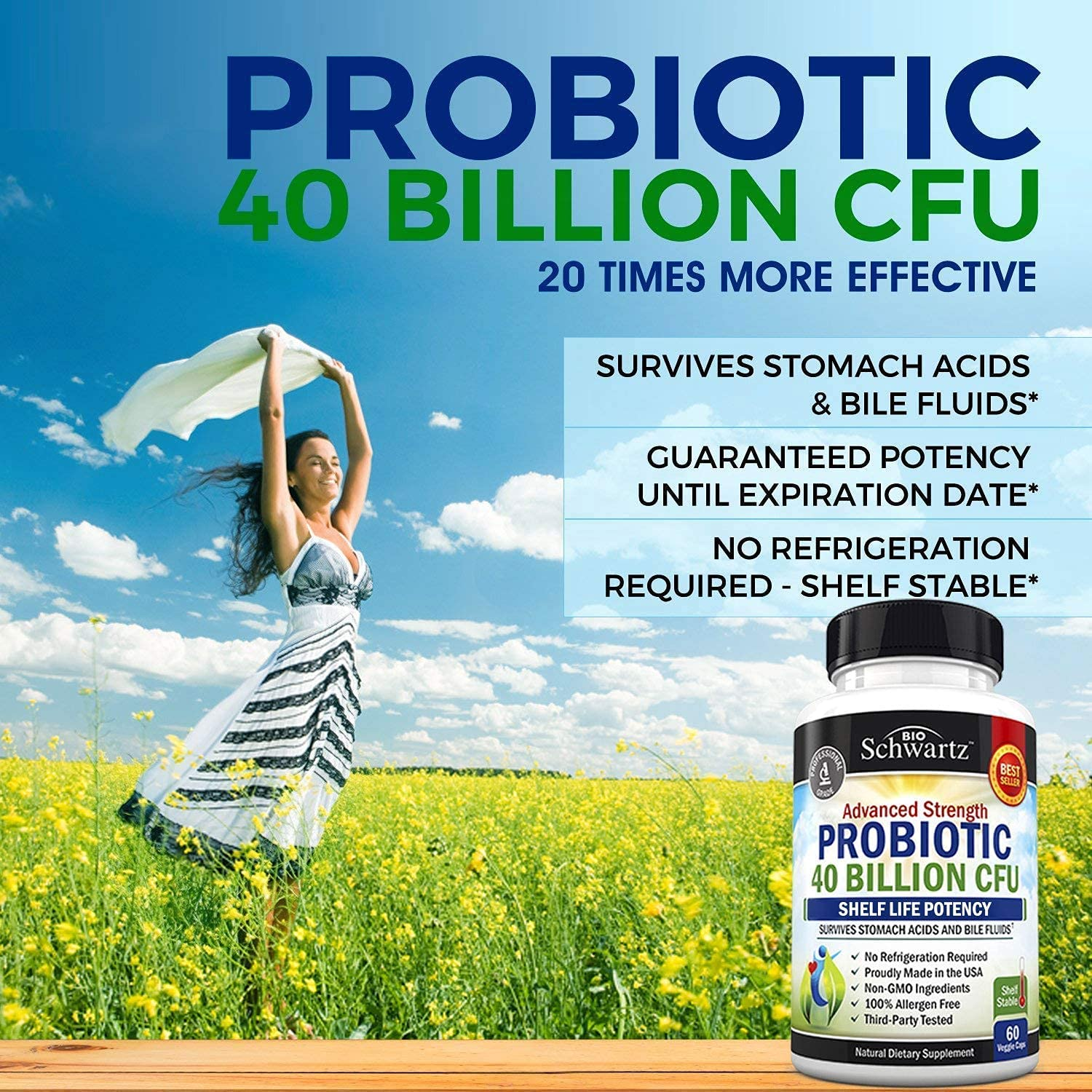 Probiotic 40 Billion CFU - Probiotics for Women & Men - Lactobacillus Acidophilus & Prebiotics - Digestive Health Capsules - Targeted Release Technology - Shelf Stable Supplement Non-Gmo - 60 Count