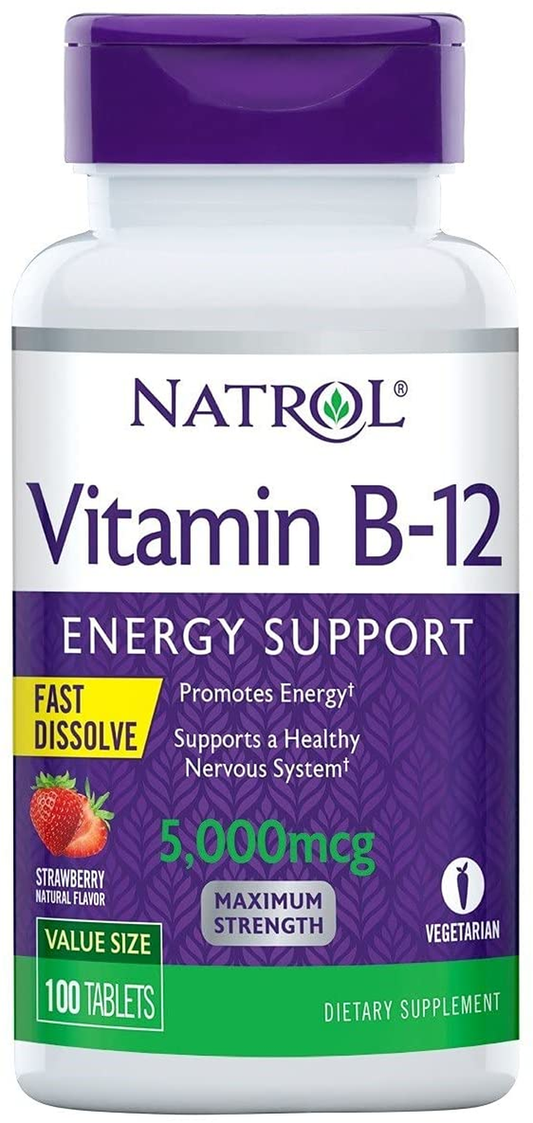 Vitamin B12 Fast Dissolve Tablets, Promotes Energy, Supports a Healthy Nervous System, Maximum Strength, Strawberry Flavor, 5,000Mcg, 100 Count