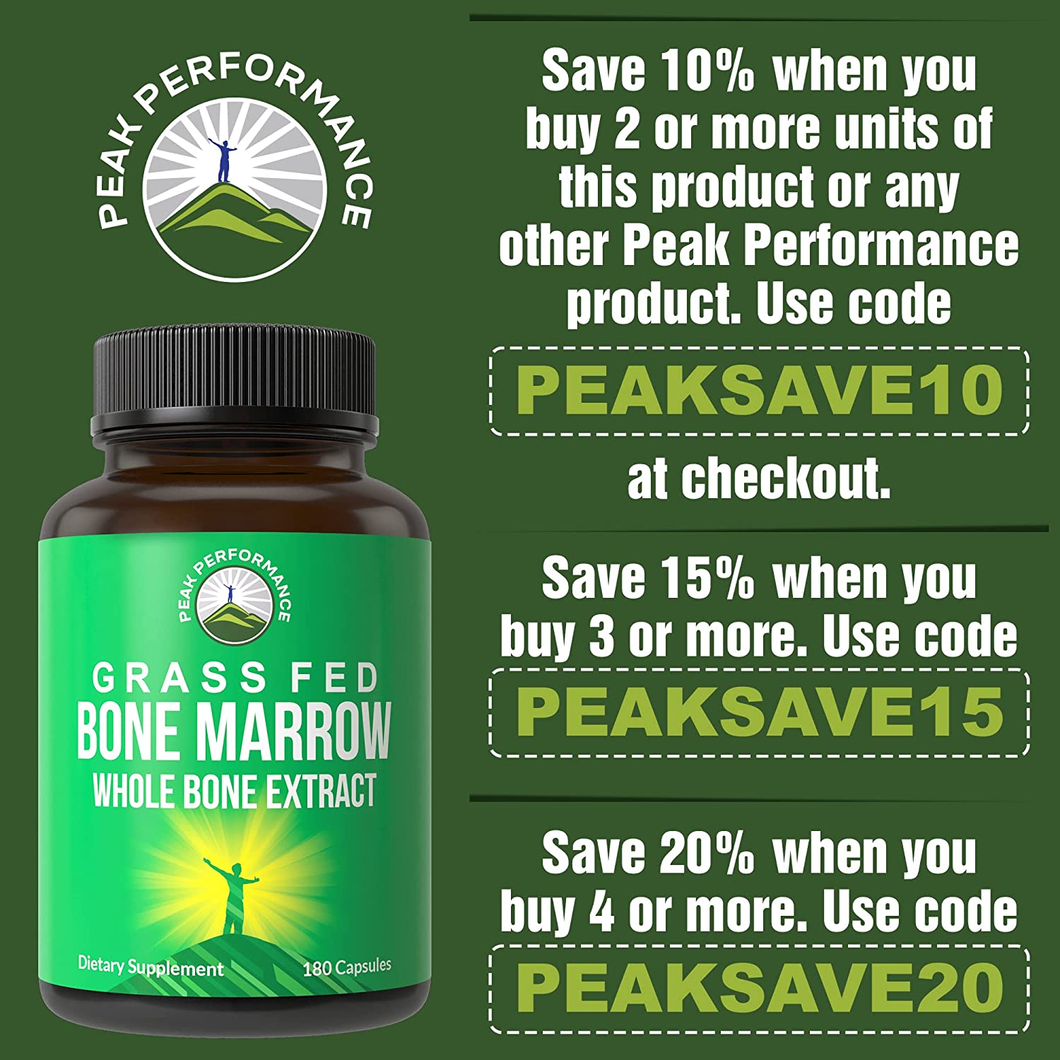 Grass Fed Bone Marrow - Whole Bone Extract Supplement 180 Capsules by Peak Performance. Superfood Pills Rich in Collagen, Vitamins, Amino Acids. from Bone Matrix, Marrow, Cartilage. Ancestral Tablets