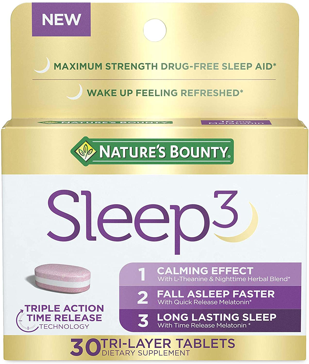 Melatonin by , Sleep3 Maximum Strength 100% Drug Free Sleep Aid, Dietary Supplement, L-Theanine & Nighttime Herbal Blend Time Release Technology, 10Mg, 30 Tri-Layered Tablets