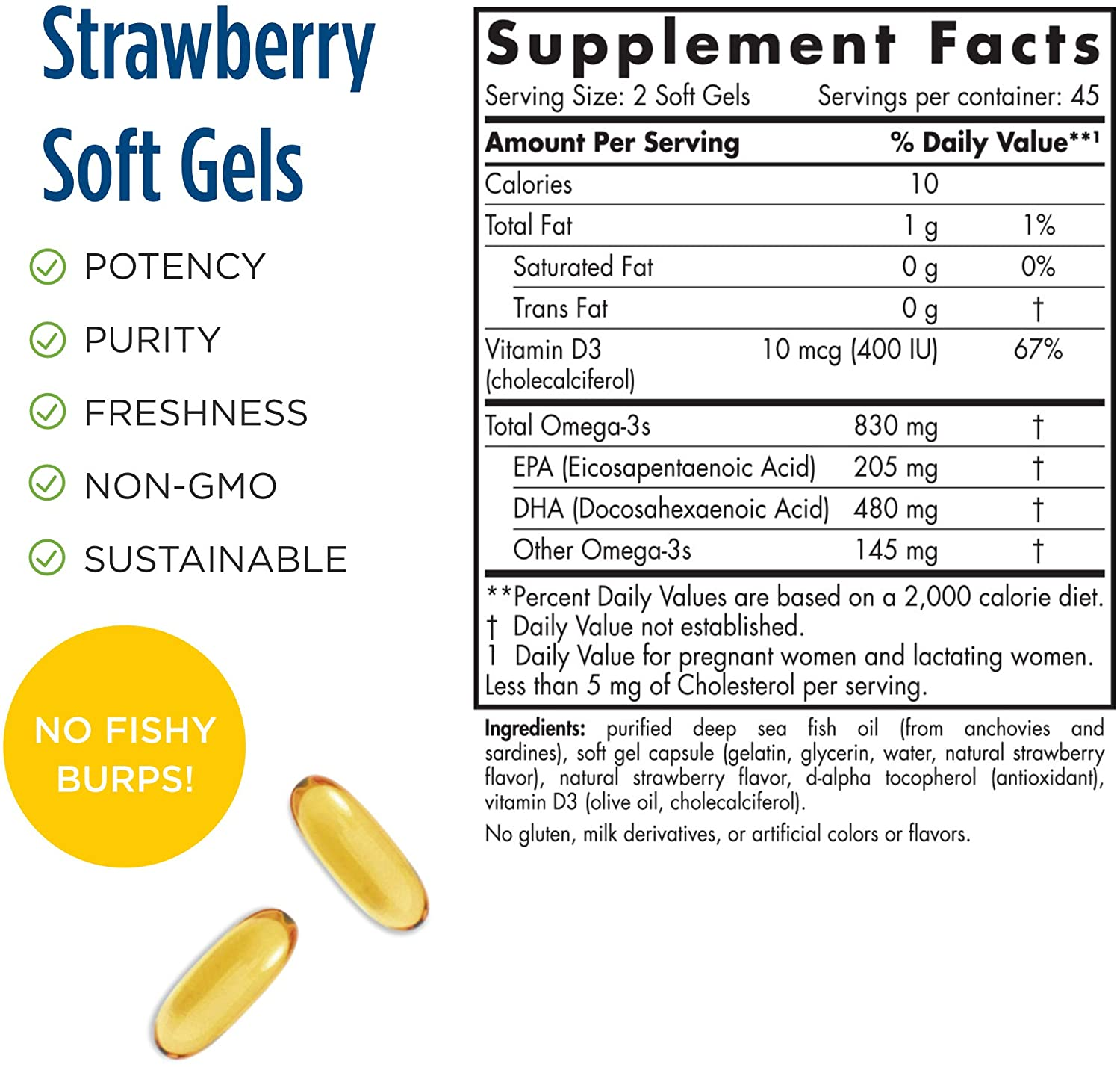 Prenatal DHA, Strawberry - 830 Mg Omega-3 + 400 IU Vitamin D3-90 Soft Gels - Supports Brain Development in Babies during Pregnancy & Lactation - Non-Gmo - 45 Servings