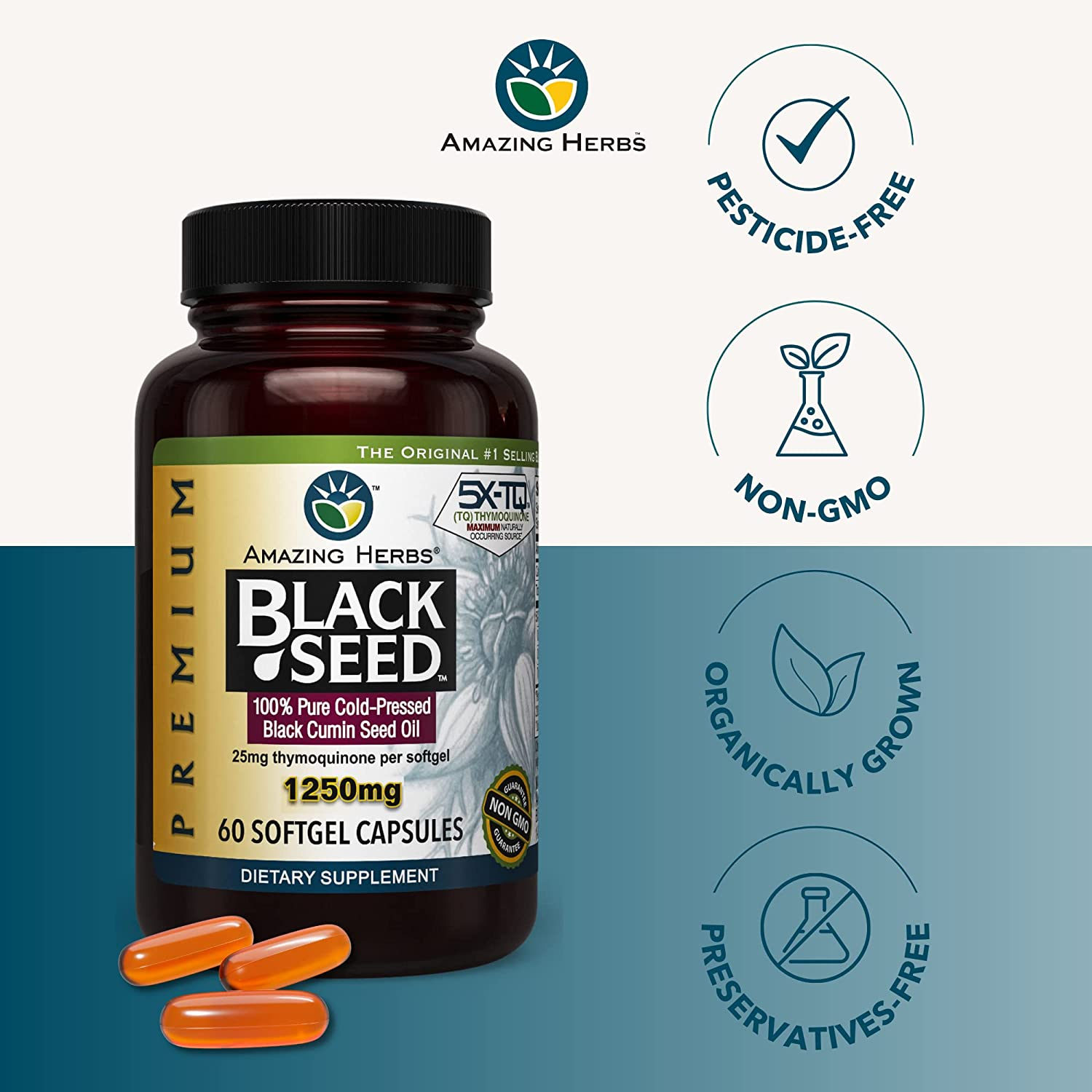 Premium Black Seed Oil Capsules - High Potency, Cold Pressed Nigella Sativa Aids in Digestive Health, Immune Support & Brain Function - 60 Count, 1250Mg