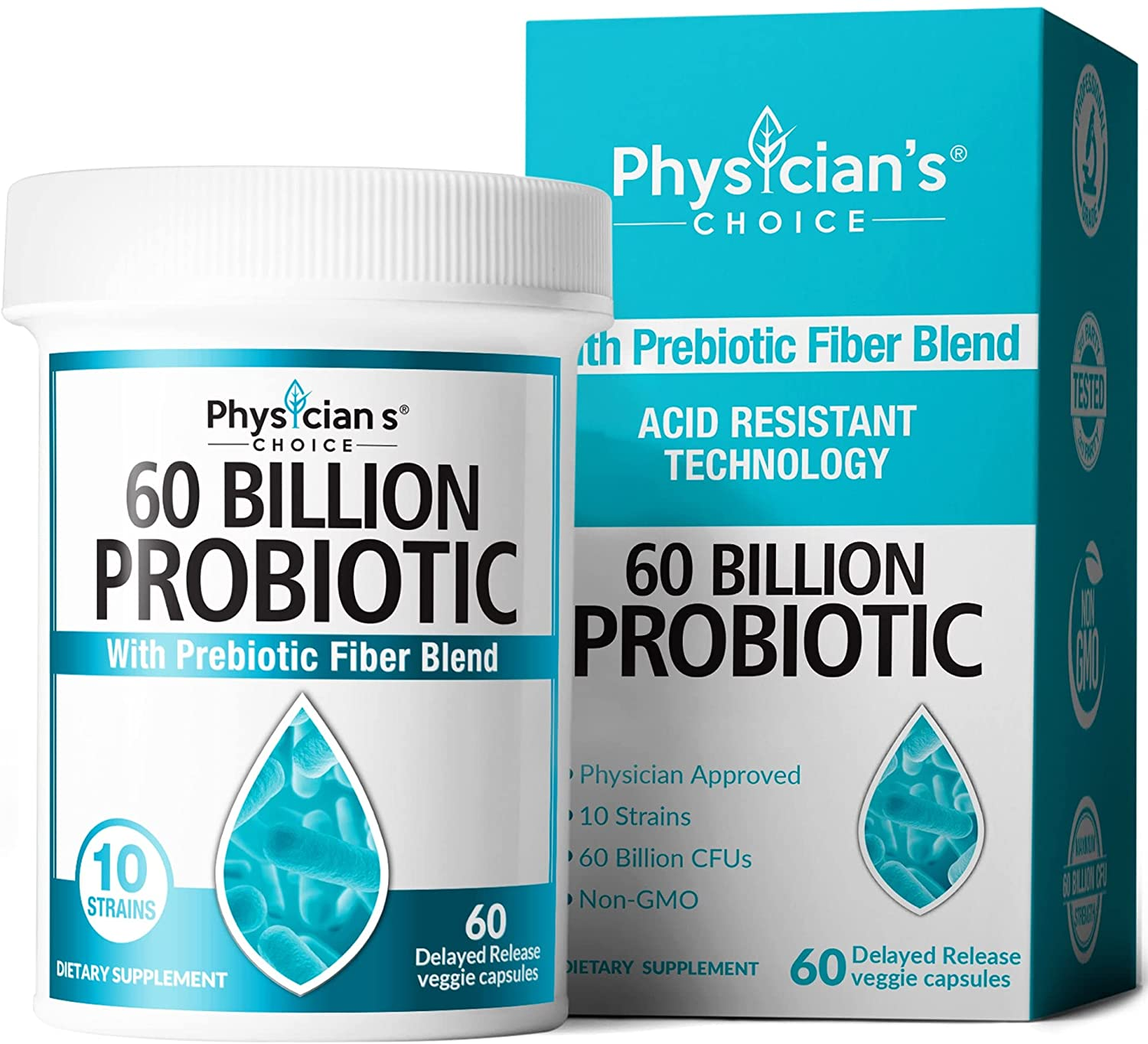 Probiotics 60 Billion CFU - 10 Diverse Strains plus Organic Prebiotic, Designed for Overall Digestive Health and Supports Occasional Constipation, Diarrhea, Gas & Bloating