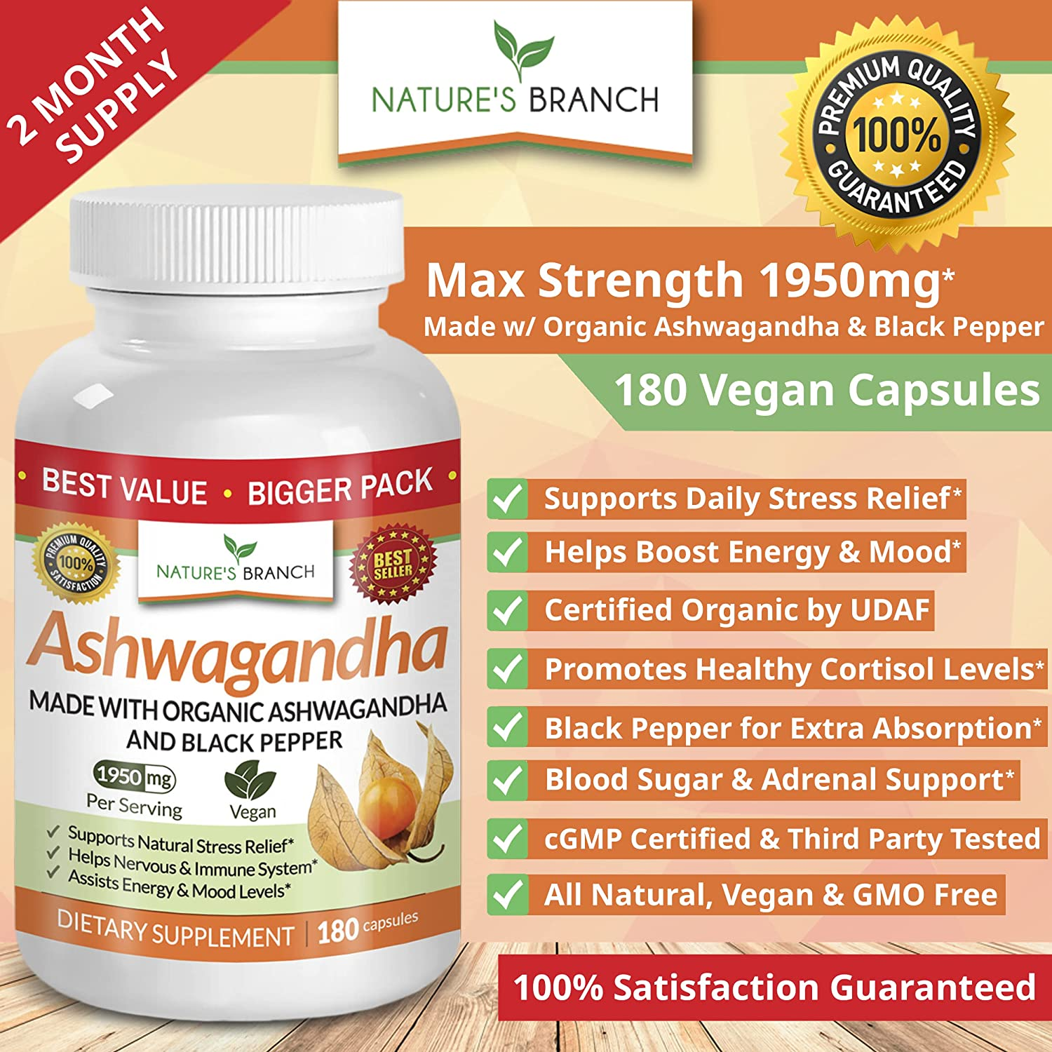 Organic Ashwagandha with Black Pepper - 180 Capsules - 1950Mg Maximum Strength for Stress and Mood Support, Sleep, Thyroid, Energy, Hair Pure Root Extract Powder - Vegan Supplements for Men and Women