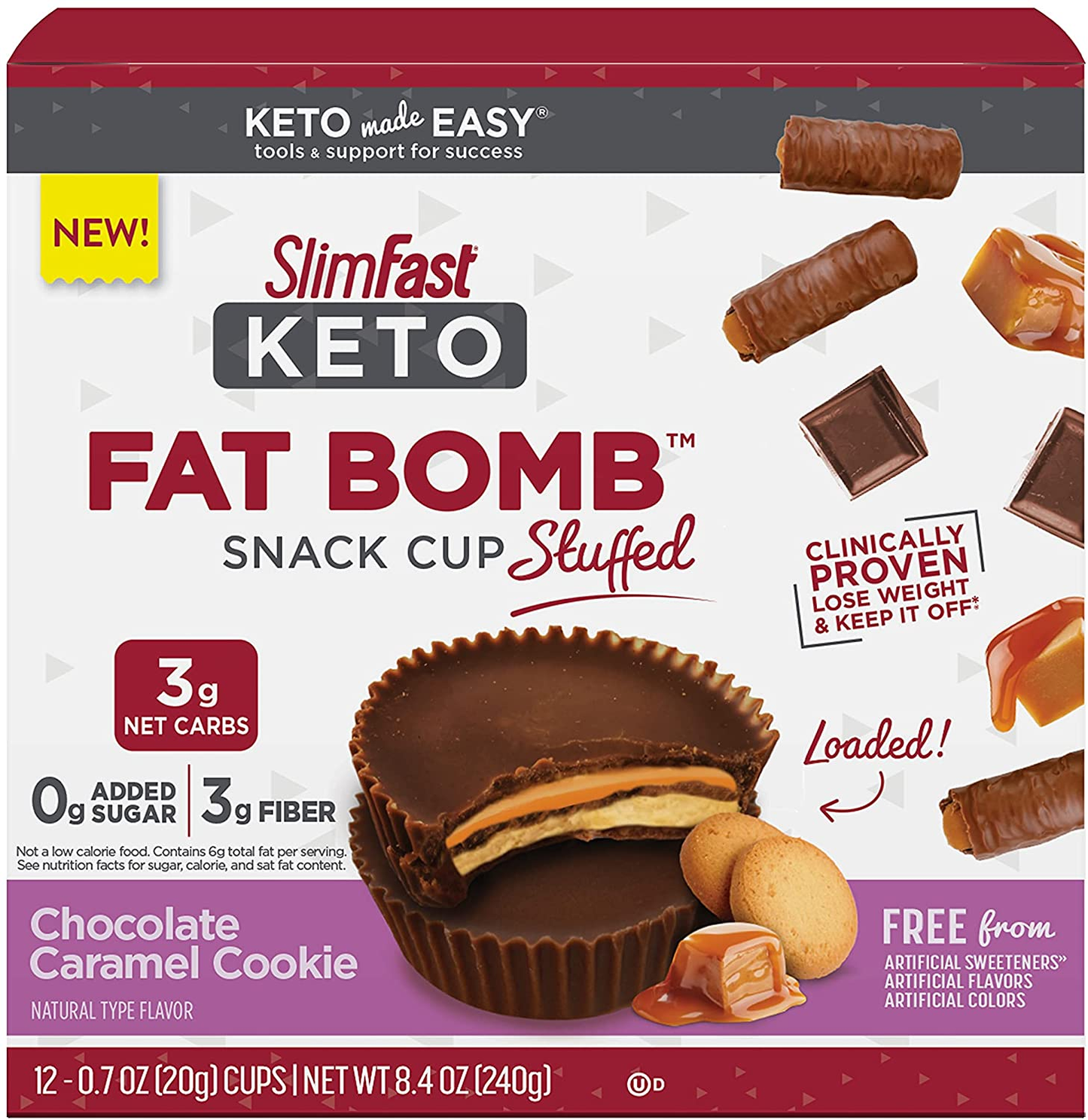 Keto Fat Bomb Stuffed Snack Cup, Chocolate Caramel Cookie, Keto Snacks for Weight Loss, Low Carb with 0G Added Sugar, 12 Count Box