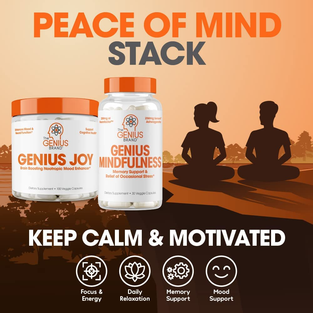 Genius Supplement W/ Ashwagandha, Nootropic Brain Booster & Memory Support W/ Blueberry Extract, Natural Focus, Energy & Serotonin, Calm & Cortisol 30 Capsules