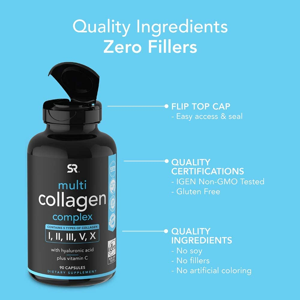 Multi Collagen Pills (Type I, II, III, V, X) Hydrolyzed Collagen Peptides with Hyaluronic Acid + Vitamin C | Contains 5 Types of Food Based Collagen | Non-Gmo Verified & Gluten Free