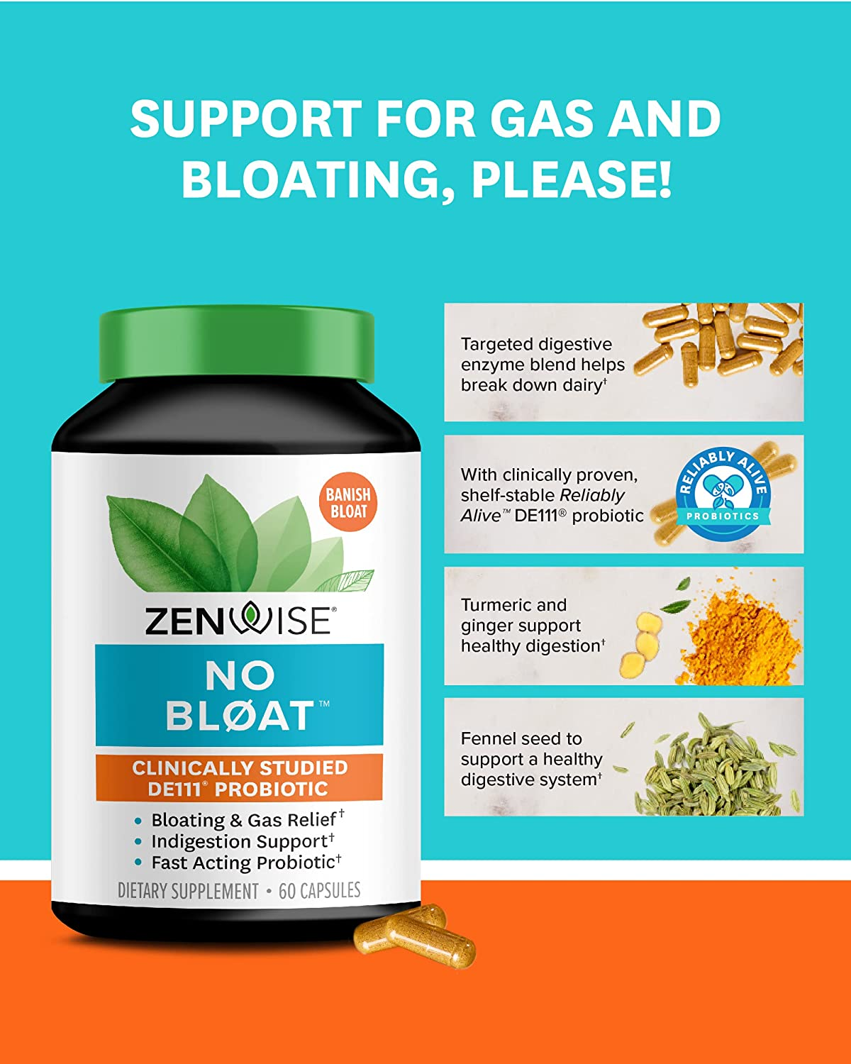 Zenwise No Bloat Supplement with Probiotics, Turmeric, and Digestive Enzymes - Bloating and Gas Relief - Ginger, Dandelion, and Cinnamon to Improve Digestion for Women & Men - Vegan Formula - 60 Count