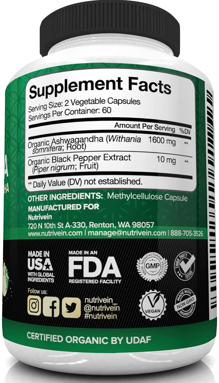 Organic Ashwagandha Capsules 1600Mg with Black Pepper Extract - 120 Vegan Pills - 100% Pure Root Powder Supplement - Stress Relief, Anxiety, Immune, Thyroid & Adrenal Support - Mood Enhancer