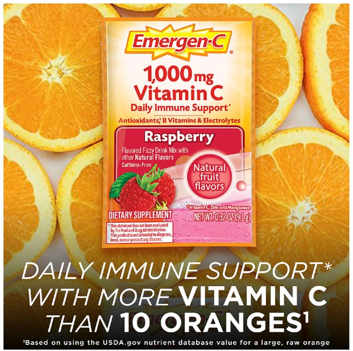 1000Mg Vitamin C Powder, with Antioxidants, B Vitamins and Electrolytes, Immunity Supplements for Immune Support, Caffeine Free Fizzy Drink Mix, Raspberry Flavor - 30 Count/1 Month Supply