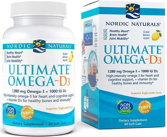 Ultimate Omega-D3, Lemon Flavor - 1280 Mg Omega-3 + 1000 IU Vitamin D3-60 Soft Gels - Omega-3 Fish Oil - EPA & DHA - Promotes Brain, Heart, Joint, & Immune Health - 30 Servings