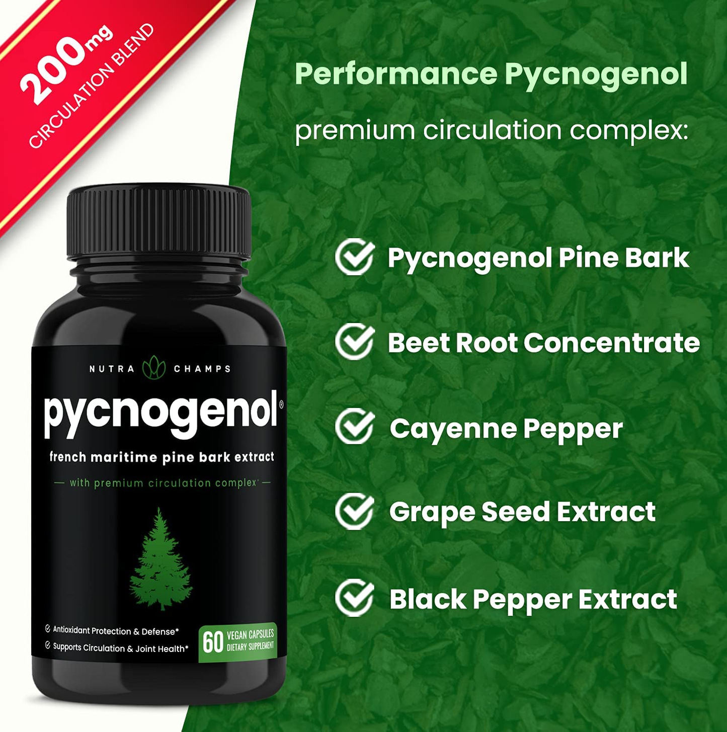 Pycnogenol Pine Bark - Premium Supplement with 200Mg Herbal Complex for Circulation, Blood Flow & Nitric Oxide Production - Superior Absorption & Results with Black Pepper Extract