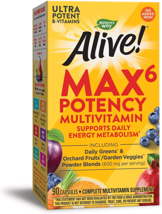 Nature’S Way Alive! Max6 Potency Multivitamin, Whole Body Nutrition, High Potency B-Vitamins, 90 Capsules