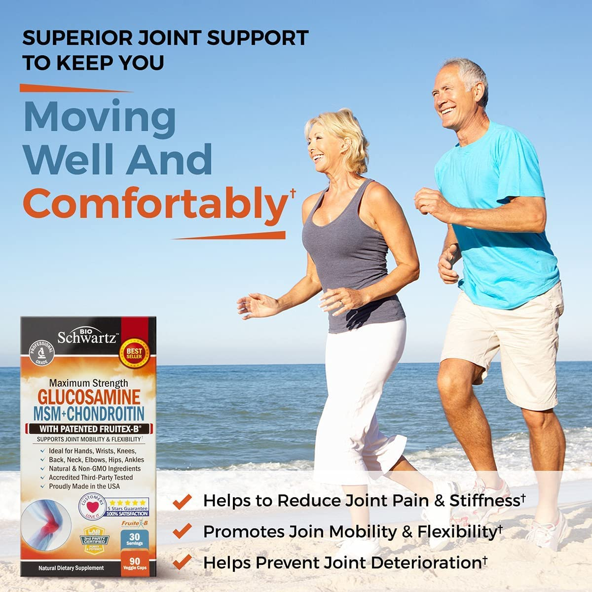 Glucosamine Chondroitin MSM Triple Strength Joint Supplement with Collagen Turmeric Curcumin - Supports Healthy Inflammatory Activity & Joint Hip Back Knees Hands Health for Seniors & Adults - 90Ct