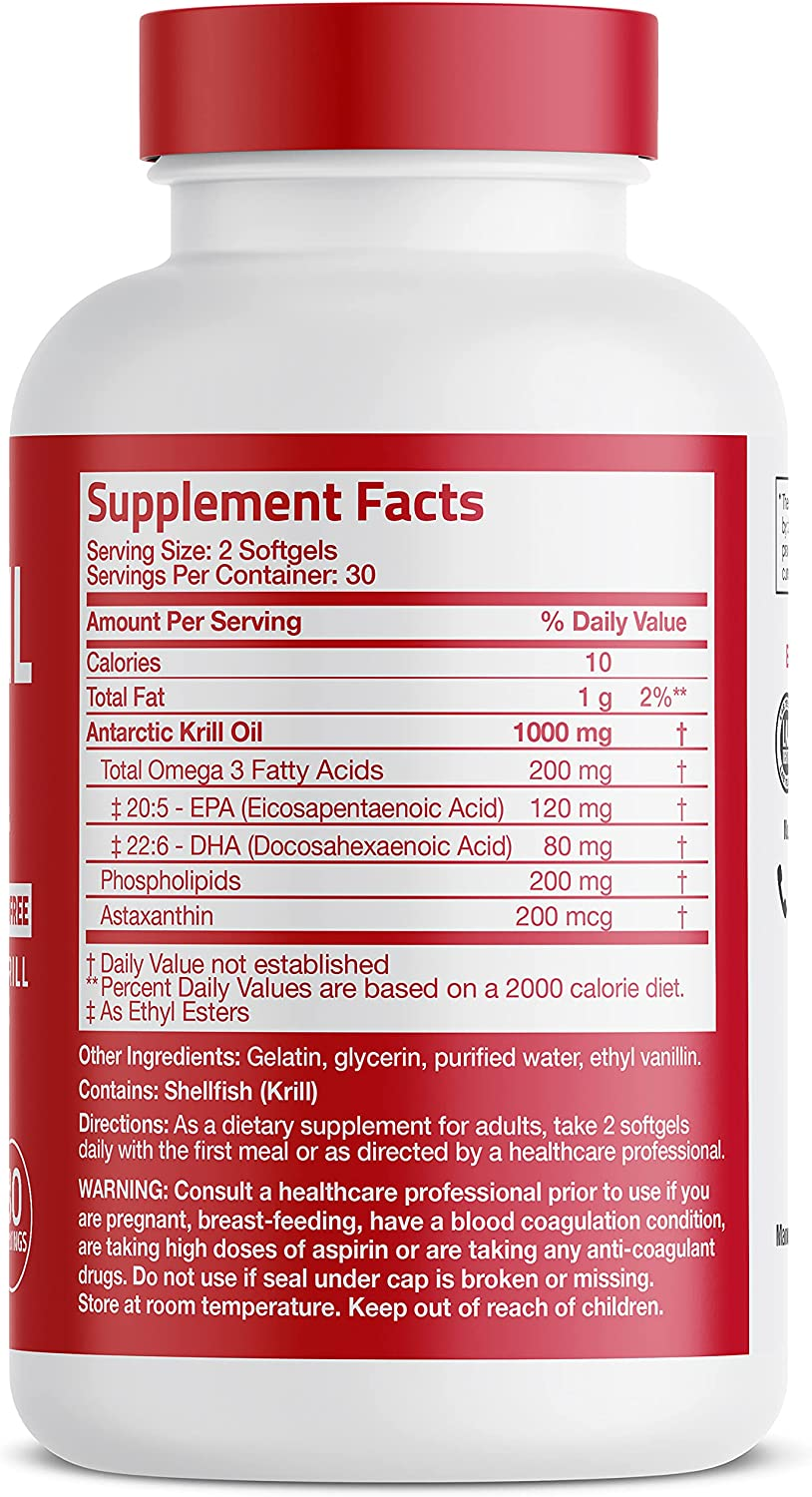 Antarctic Krill Oil 1000 Mg with Omega-3S EPA, DHA, Astaxanthin and Phospholipids 60 Softgels (30 Servings)