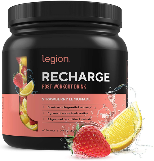 Legion Recharge Post Workout Supplement - All Natural Muscle Builder & Recovery Drink with Micronized Creatine Monohydrate. Naturally Sweetened & Flavored, Safe & Healthy. Strawberry Lemonade, 60 Serv