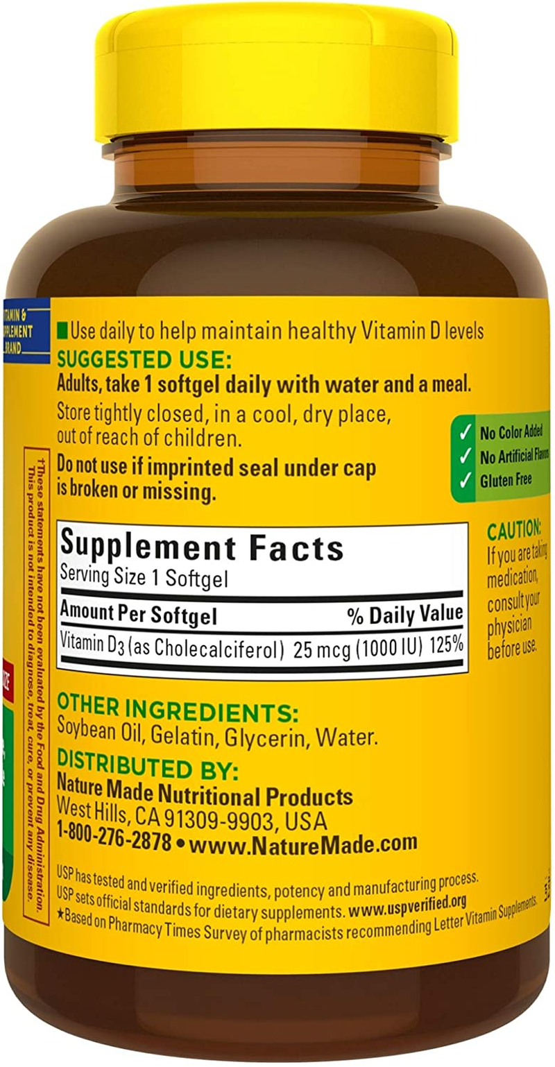 Vitamin D3, 300 Softgels, Vitamin D 1000 IU (25 Mcg) Helps Support Immune Health, Strong Bones and Teeth, & Muscle Function, 125% of the Daily Value for Vitamin D in One Daily Softgel