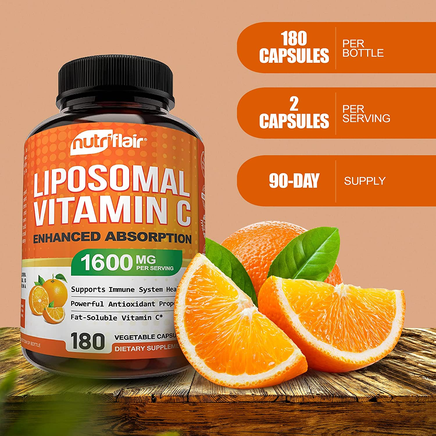 Liposomal Vitamin C 1600Mg, 180 Capsules - High Absorption, Fat Soluble VIT C, Antioxidant Supplement, Higher Bioavailability Immune System Support & Collagen Booster, Non-Gmo, Vegan Pills